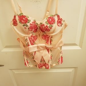 Victoria's Secret Cream & Red Embroidered Lace Bustier